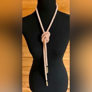 Salmon Pink Seed Beaded Fringed Sautoir Style Necklace 54” Unique Pearlescent